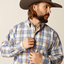Men's Ariat Pro series long sleeve shirt in Blue Plaid.  Close up of button down collar and Ariat shield logo on left front pocket. 