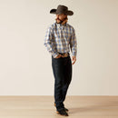 Men's Ariat Pro series long sleeve shirt in Blue Plaid. Full front view showing shirt tucked in. 
