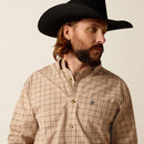 Men's Ariat Pro series long sleeve shirt in Khaki Plaid. Close up of button down collar and Ariat shield logo on left chest pocket. 