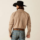 Men's Ariat Pro series long sleeve shirt in Khaki Plaid. Rear view showing shirt tucked in and Ariat logo. 