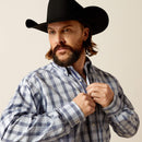 Men's Ariat Pro Series long sleeve shirt in Light Blue Plaid. Close up of front showing button down collar. 