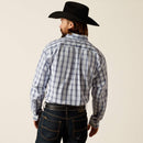 Men's Ariat Pro Series long sleeve shirt in Light Blue Plaid. Rear view showing shirt tucked in and Ariat logo. 