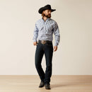 Men's Ariat Pro Series long sleeve shirt in Light Blue Plaid. Full front view showing shirt tucked in.