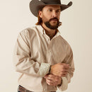 Men's Ariat wrinkle free long sleeve shirt in Gold Stripe. Close up front view showing contrast pattern on sleeves. 