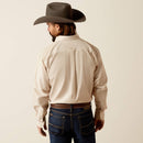 Men's Ariat wrinkle free long sleeve shirt in Gold Stripe. Rear view showing shirt tucked in and Ariat logo.