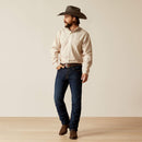 Men's Ariat wrinkle free long sleeve shirt in Gold Stripe. Front view showing shirt tucked in.