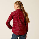 Girl's Ariat snap closed long sleeve Western Style shirt in Red Ranch. This shirt features brand logos and twosnap close pockets on chest. Rear view showing shirt untucked. 