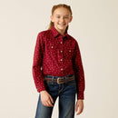 Girl's Ariat snap closed long sleeve Western Style shirt in Red Ranch. This shirt features brand logos and twosnap close pockets on chest.  Front view showing shirt tucked in. 
