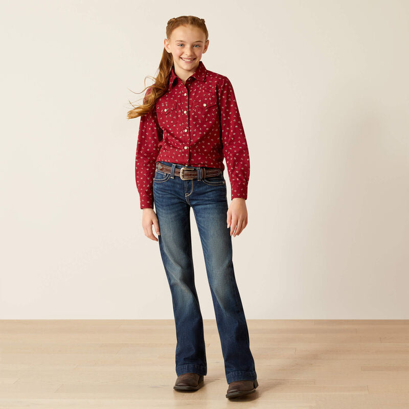 Girl's Ariat snap closed long sleeve Western Style shirt in Red Ranch. This shirt features brand logos and twosnap close pockets on chest. Full front view