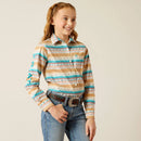 Girl's Ariat blue and brown Serape Print long sleeve Team logo shirt. Front View