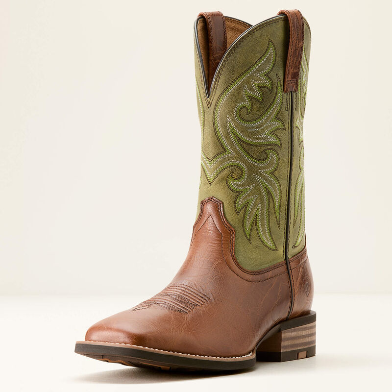 Mens Ariat Brown vamp and Green shaft square toe cowboy boot. Full front view showing toe bug stitching details. 