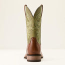 Mens Ariat Brown vamp and Green shaft square toe cowboy boot. Rear view 