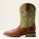 Mens Ariat Brown vamp and Green shaft square toe cowboy boot. Side view showing side piping, walking heel, and pull straps that match vamp. Also shows intricate stitching details on shaft. 