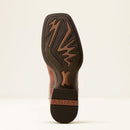 Mens Ariat Brown vamp and Green shaft square toe cowboy boot. Bottom view showing outsole details. 