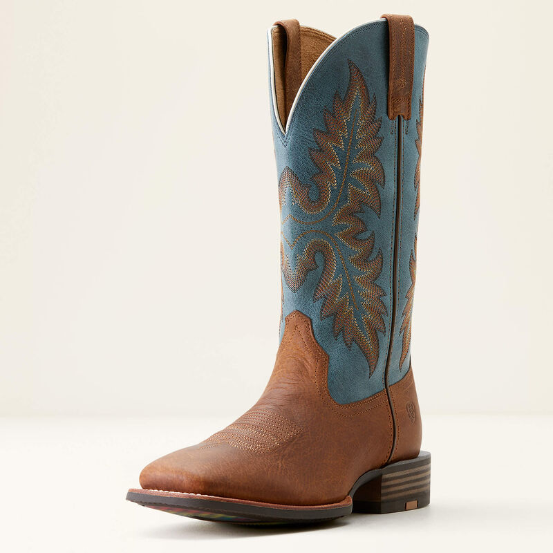 Mens Brown Ariat square toe cowboy boots with blue shaft and colorful outsole. Single boot view showing front. 