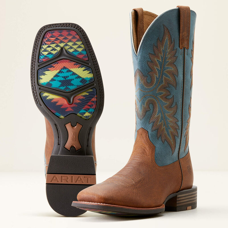 Mens Brown Ariat square toe cowboy boots with blue shaft and colorful outsole.