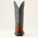 Mens Brown Ariat square toe cowboy boots with blue shaft and colorful outsole. Rear view showing walking heel and stitching details on shaft. 