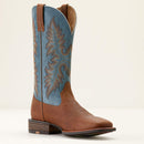 Mens Brown Ariat square toe cowboy boots with blue shaft and colorful outsole. Side view showing piping details. 
