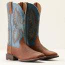 Mens Brown Ariat square toe cowboy boots with blue shaft and colorful outsole. Side view of both boots. 