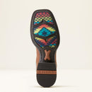 Mens Brown Ariat square toe cowboy boots with blue shaft and colorful outsole. Bottom view showing colorful outsole and Ariat logo. 