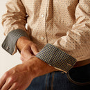 Men's Ariat long sleeve shirt in Tan with a diamond pattern. Close up of the contrast cuff. 