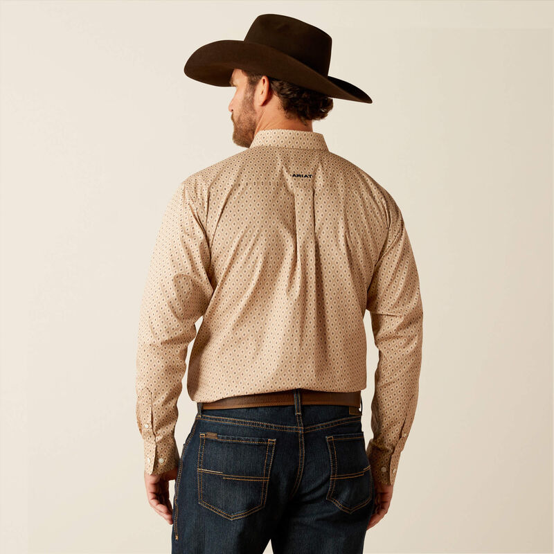 Men's Ariat long sleeve shirt in Tan with a diamond pattern. Rear view showing Ariat logo. 
