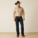 Men's Ariat long sleeve shirt in Tan with a diamond pattern. Full front view with shirt tucked in. 