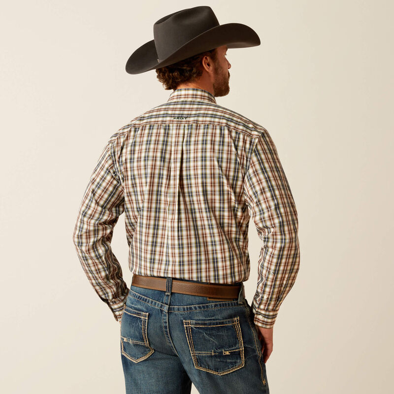 Men's Ariat long sleeve wrinkle free shirt in Brown Plaid. Rear View