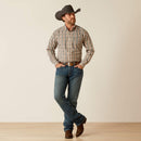 Men's Ariat long sleeve wrinkle free shirt in Brown Plaid. Full front view with shirt tucked in. 