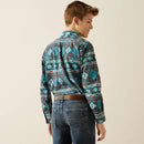 Boy's Ariat long sleeve shirt in Teal Multi, this shirt has a geometric Southwestern print. Rear view