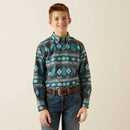 Boy's Ariat long sleeve shirt in Teal Multi, this shirt has a geometric Southwestern print. 