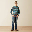 Boy's Ariat long sleeve shirt in Teal Multi, this shirt has a geometric Southwestern print. Full front view showing shirt tucked in. 