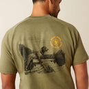 Men's Ariat Rebar short sleeve graphic tee in Sage Heather. Rear view showing dog and Ariat Work logo. 