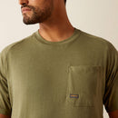 Men's Ariat Rebar short sleeve graphic tee in Sage Heather. Front view showing close up of left chest pocket with Ariat logo. 