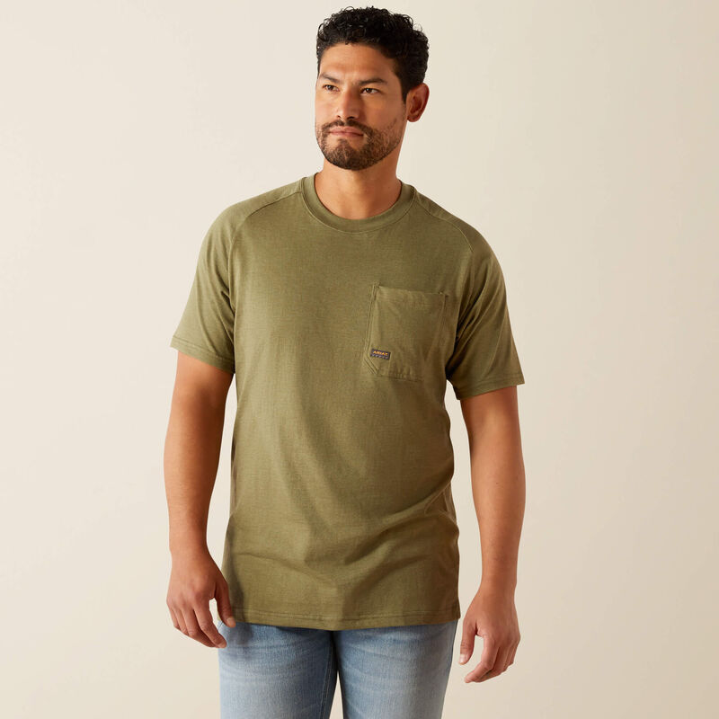 Men's Ariat Rebar short sleeve graphic tee in Sage Heather. Full front view showing shirt untucked. 