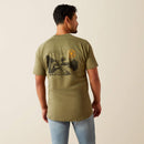 Men's Ariat Rebar short sleeve graphic tee in Sage Heather. Rear view showing dog graphic. 