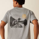 Men's Ariat Rebar short sleeve graphic tee in Heather Grey. Rear view close up of dog graphic and Ariat Work logo. 