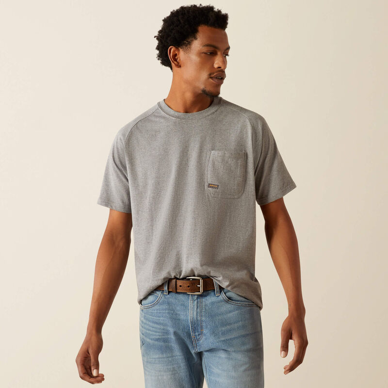 Men's Ariat Rebar short sleeve graphic tee in Heather Grey. Front view showing left chest pocket with Ariat Rebar logo tag. 