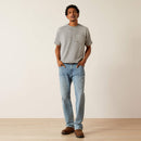 Men's Ariat Rebar short sleeve graphic tee in Heather Grey. Full front view showing shirt tucked in. 