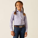 Girls Ariat Long Sleeve shirt in Sweet Lavender Stripe. This shirt has stretch and is wrinkle resistant. Front view showing shirt tucked in. 