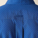 Men's Ariat long sleeve wrinkle free shirt in Navy. Close up of bold Ariat logo over rear vent. Also shows close up view of geometric pattern. 