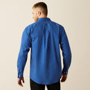 Men's Ariat long sleeve wrinkle free shirt in Navy. Rear view showing shirt untucked. 