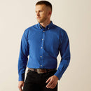 Men's Ariat long sleeve wrinkle free shirt in Navy. Front view showing shirt tucked in. 