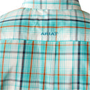 Men's Ariat Pro Series long sleeve shirt in Teal Plaid. Rear view close up of blocked Ariat logo on yoke. 