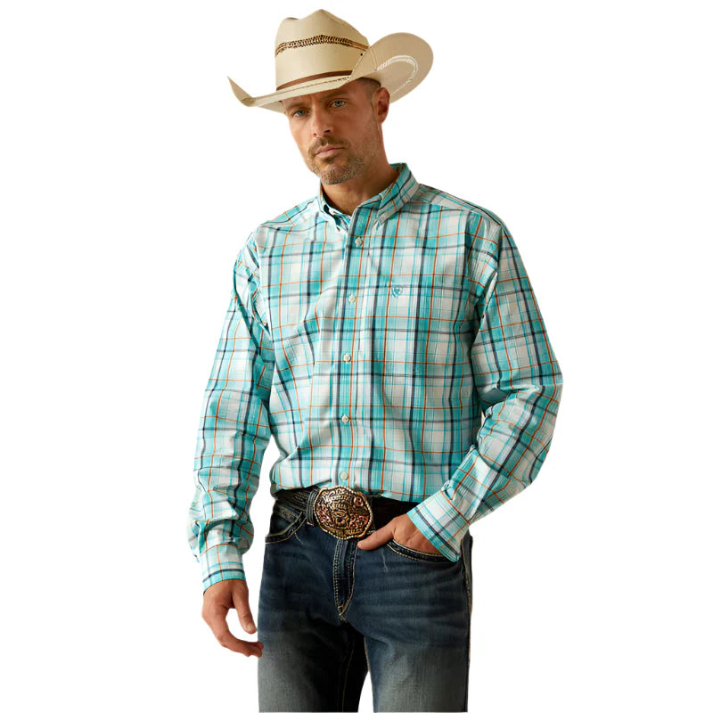 Men's Ariat Pro Series long sleeve shirt in Teal Plaid. Front view showing shirt tucked in. 