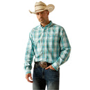 Men's Ariat Pro Series long sleeve shirt in Teal Plaid. Front view showing shirt tucked in. 