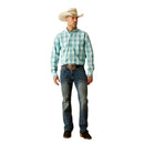 Men's Ariat Pro Series long sleeve shirt in Teal Plaid. Full front view showring shirt tucked in.