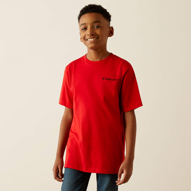 Boy's Ariat short sleeve tee in Redline. Front view showing shirt untucked and Ariat logo on left chest. 