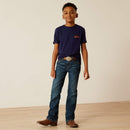 Boy's Ariat short sleeve tee in Classic Blue. Full front view showing shirt tucked. 
