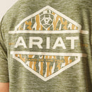 Men's Ariat short sleeve tee in Dark Olive. Dark Olive is a heathered green. Close up of back Ariat logo graphic. 